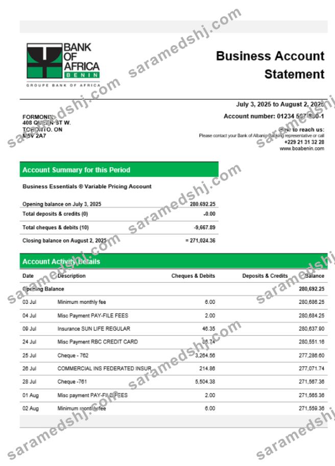 Bank of Africa company checking account statement Word and PDF template